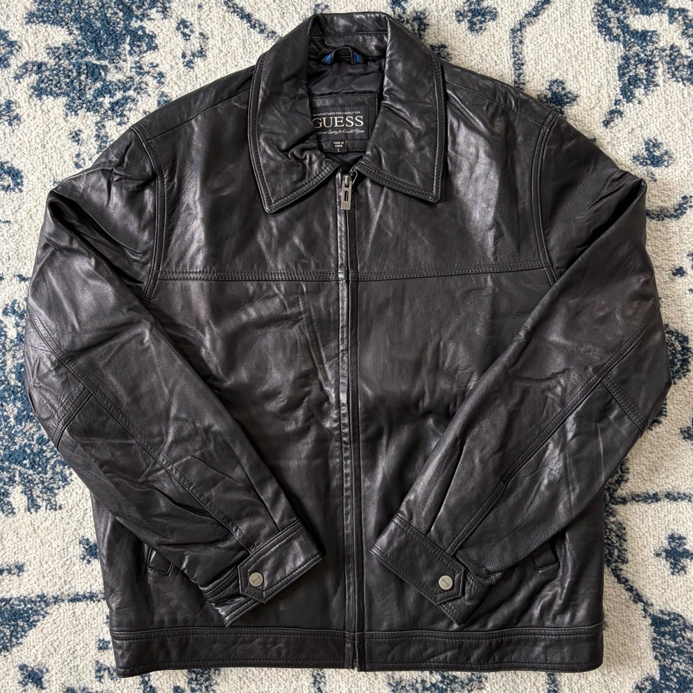 Men's GUESS Genuine Leather Bomber Flight Jacket LARGE